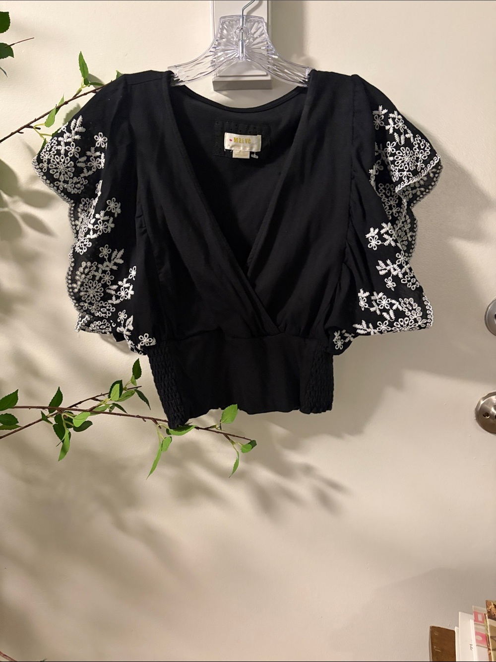 Maeve Black Crop Top with White Floral Embroidery